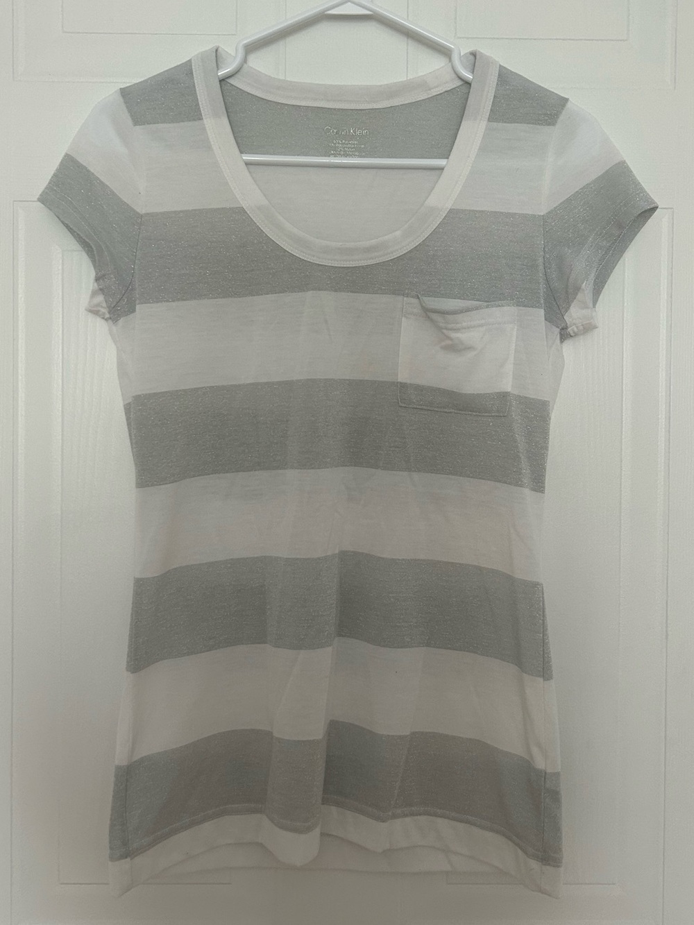Calvin Klein Gray & White Striped Scoop Neck Short Sleeve Tee Women’s Size S